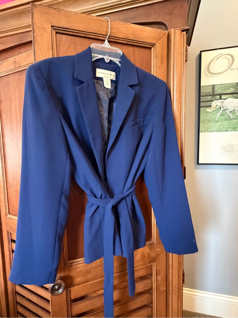 Evan Picone Navy Blue Belted Blazer Jacket Open Self Tie Sash EUC
